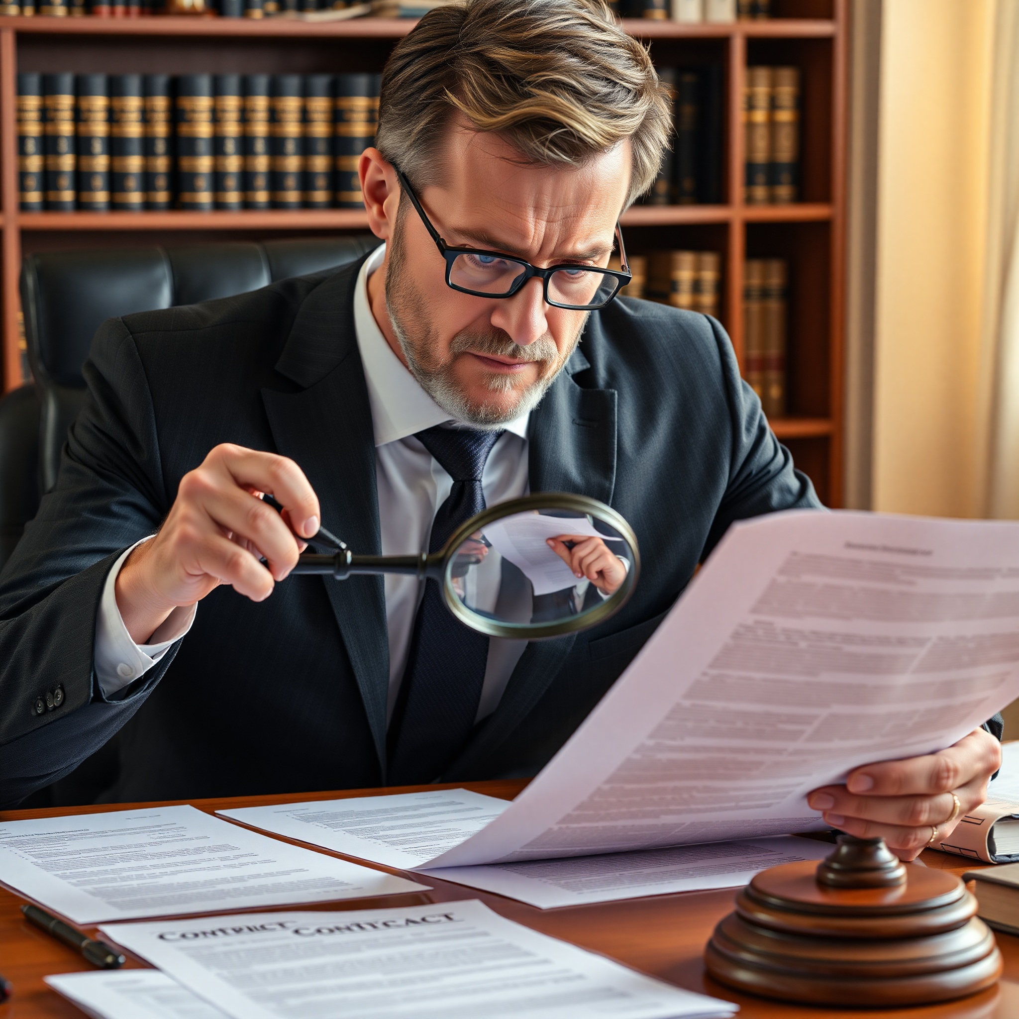 Lawyer reviewing business contracts and legal agreements in professional office