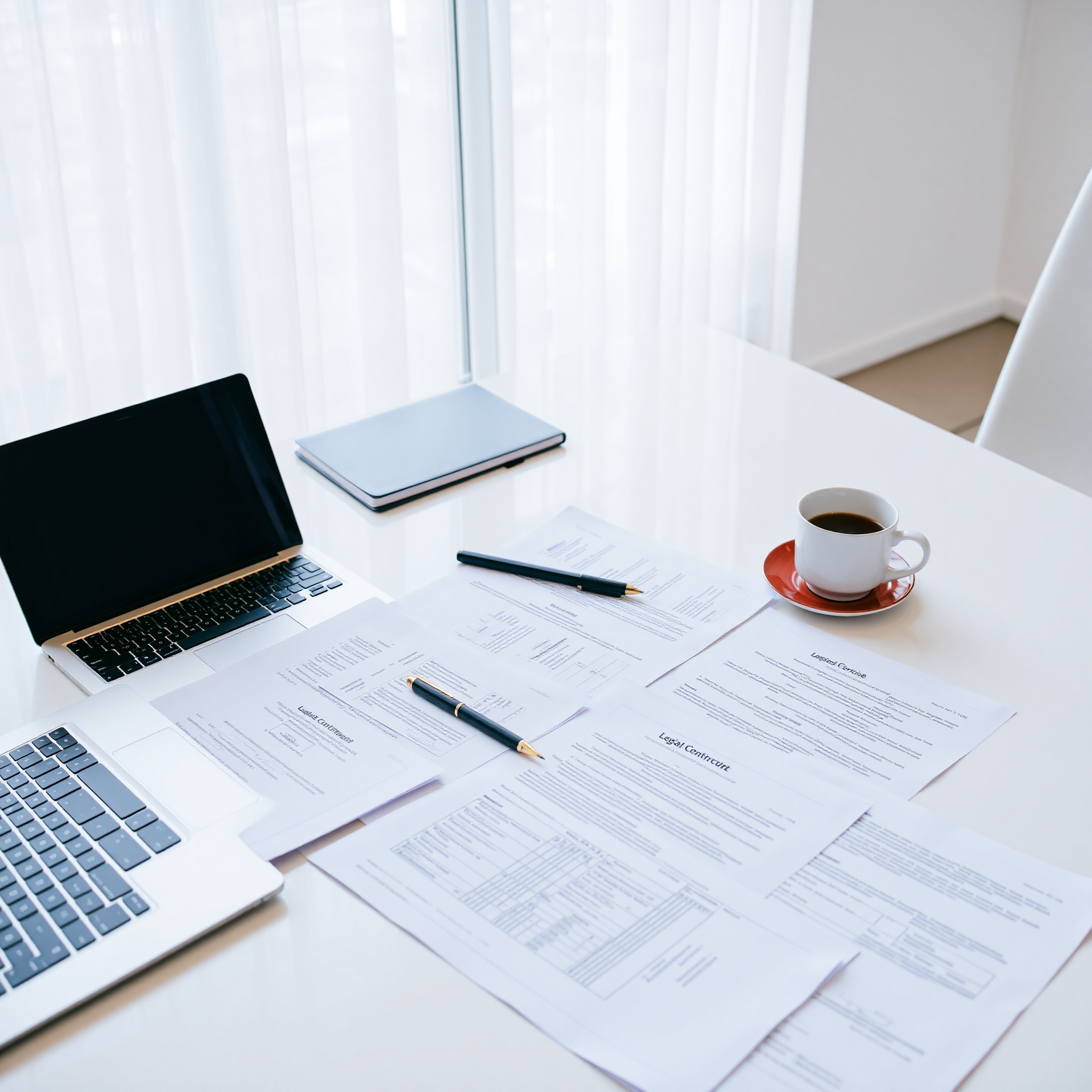 Professional corporate workspace with legal documents and business agreement papers on desk