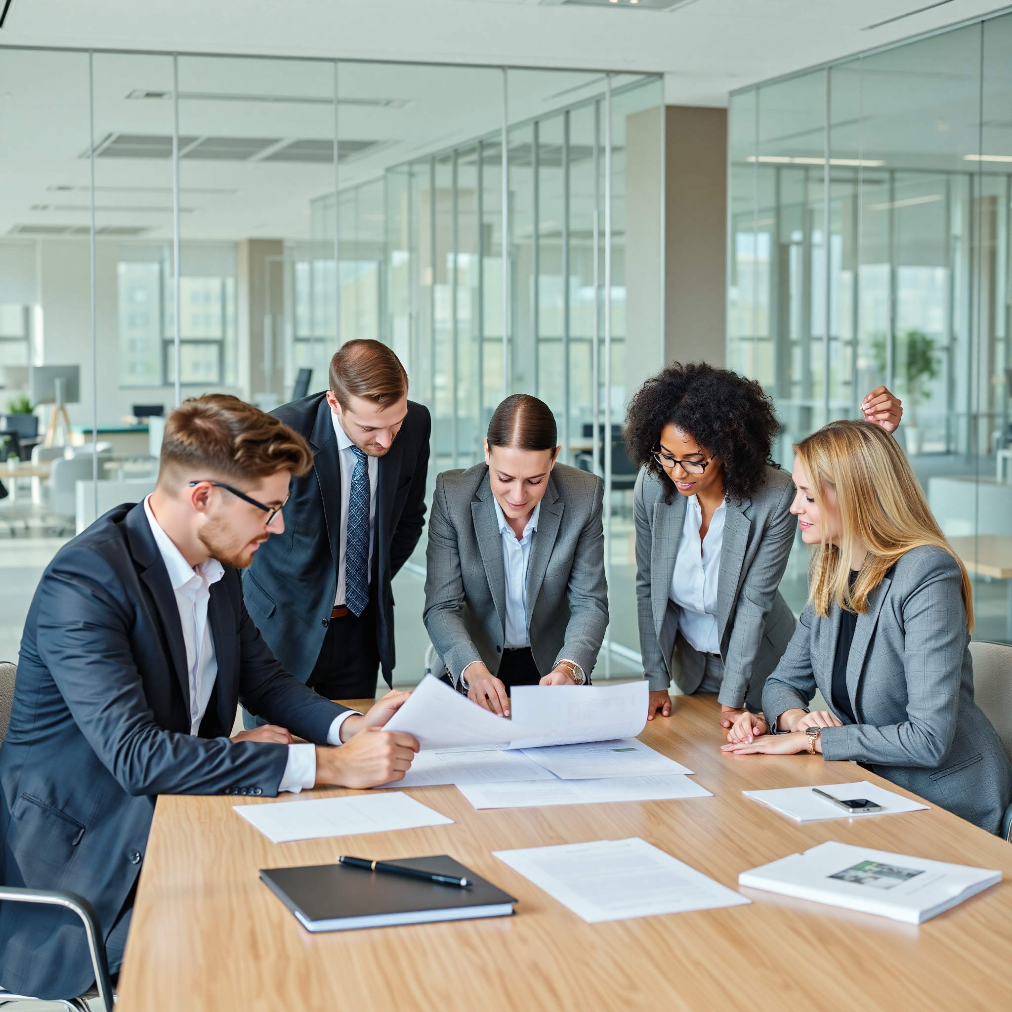 Team of business professionals in meeting discussing corporate law strategy and contracts