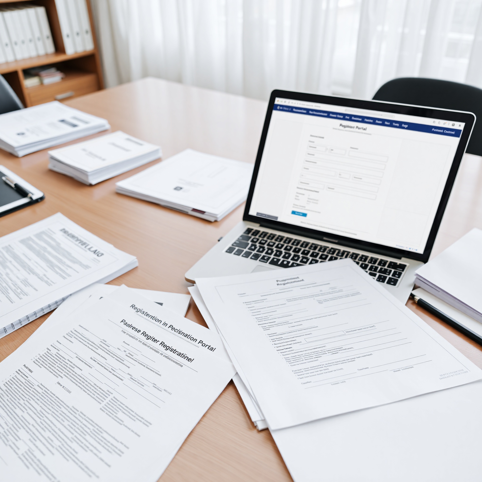 Business registration office with filing documents and company registration forms