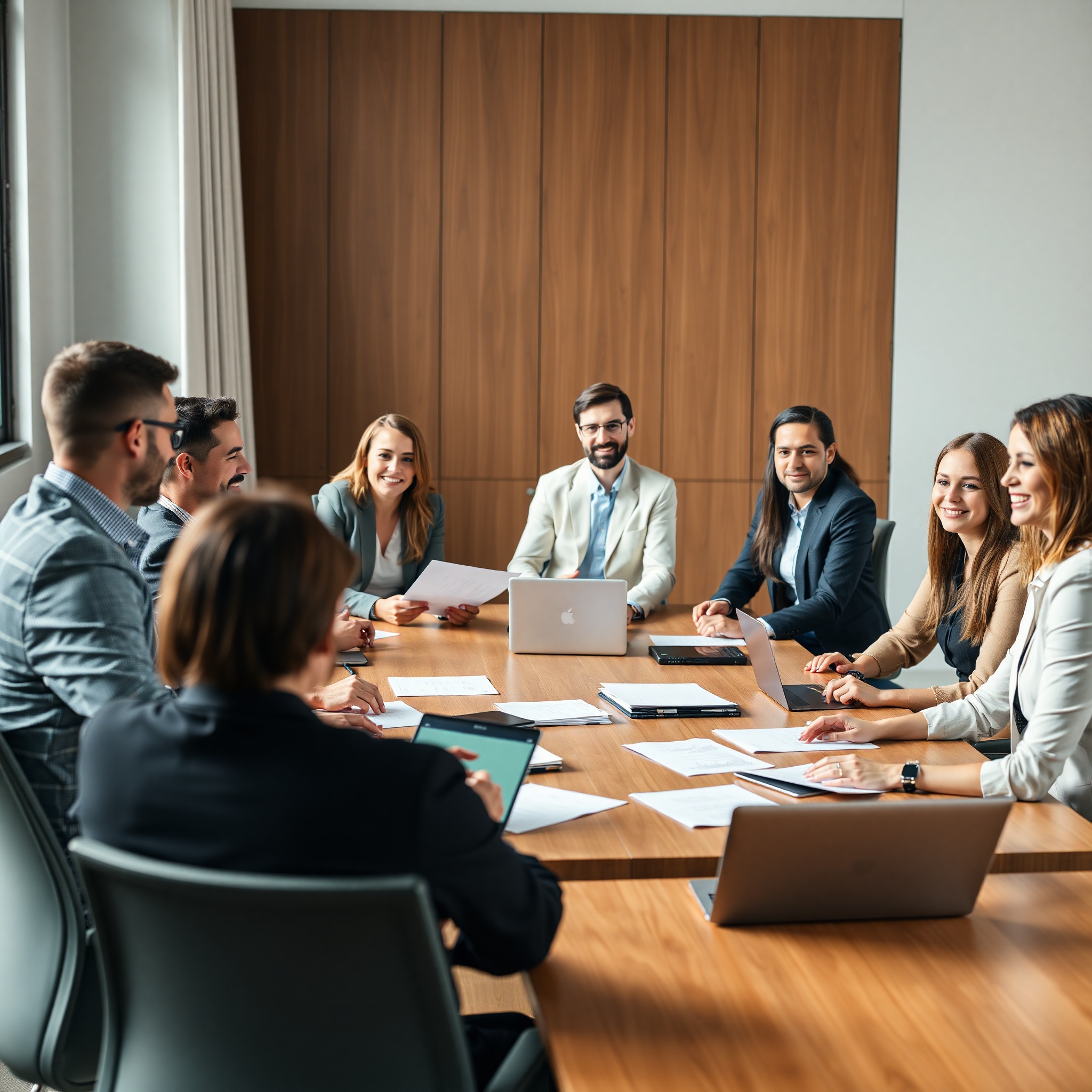 Team of business professionals in meeting discussing corporate law strategy and legal documents in modern conference room