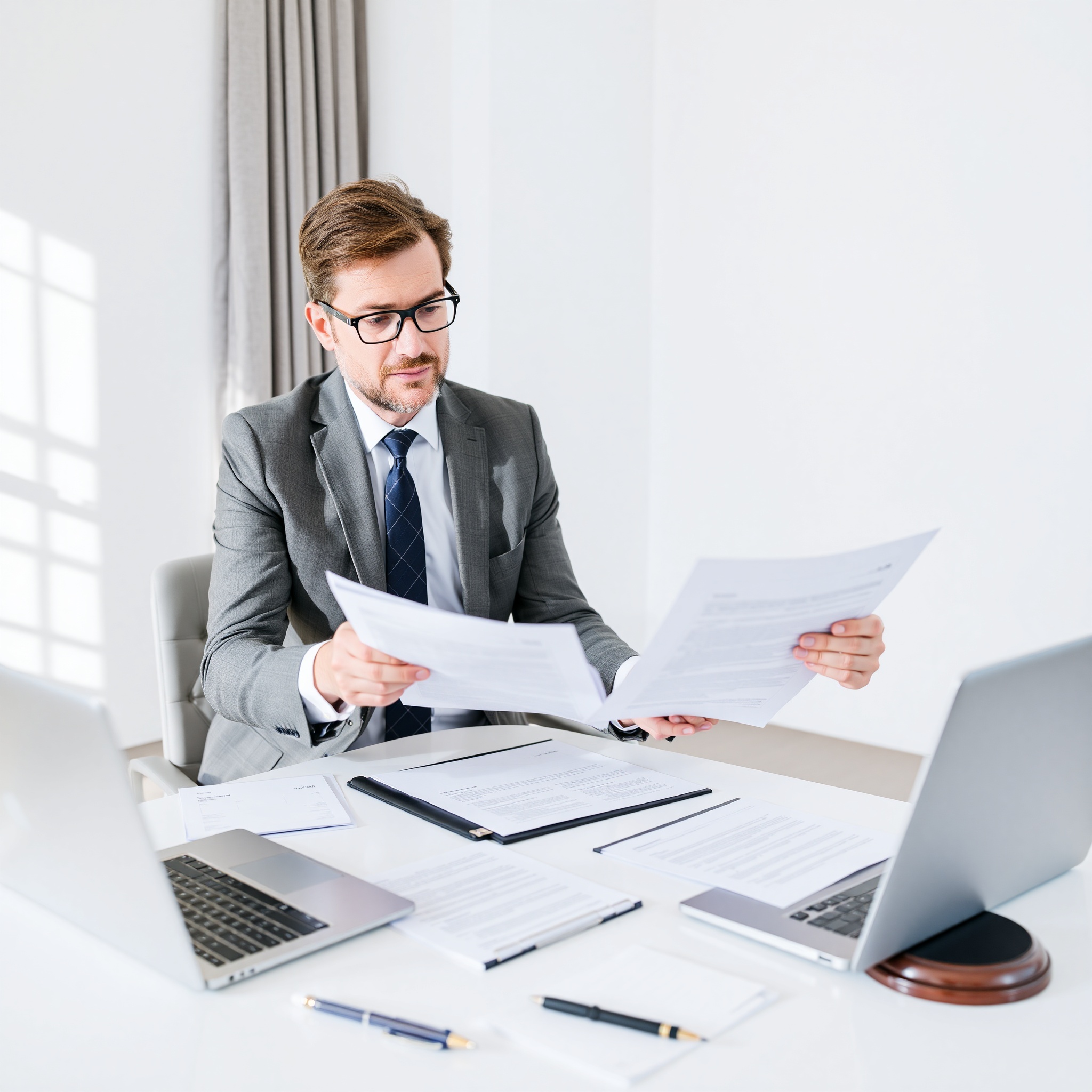 Professional business consultant reviewing company registration documents at modern office desk