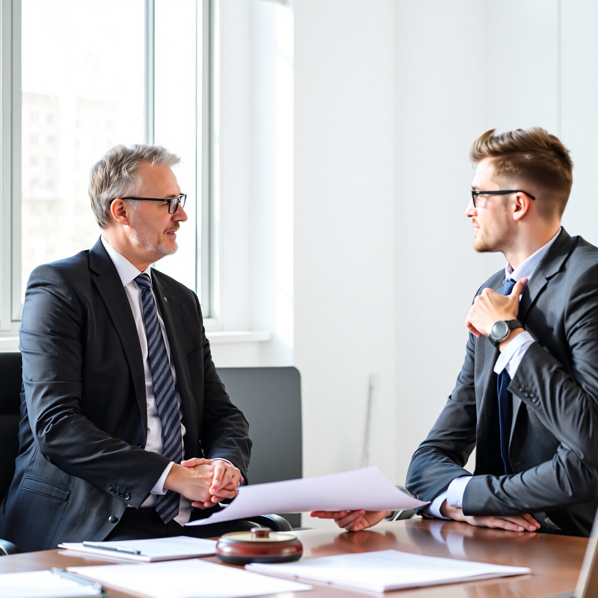 Business lawyer consulting with entrepreneur about company dispute resolution and legal strategy