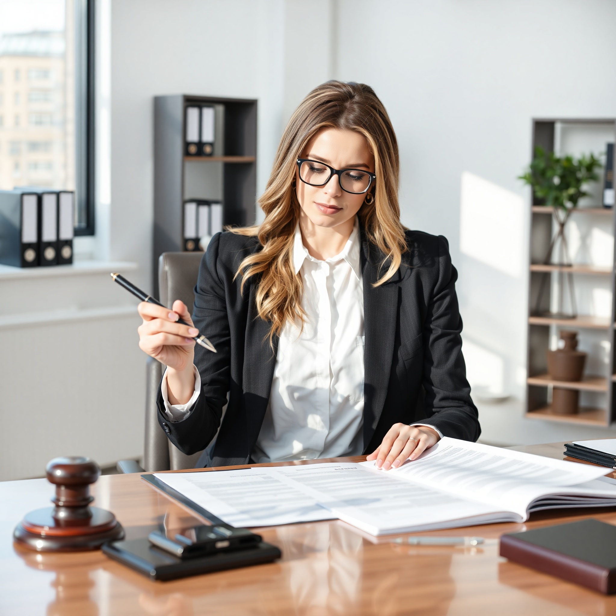 Professional business lawyer reviewing corporate documents at desk with pen and glasses
