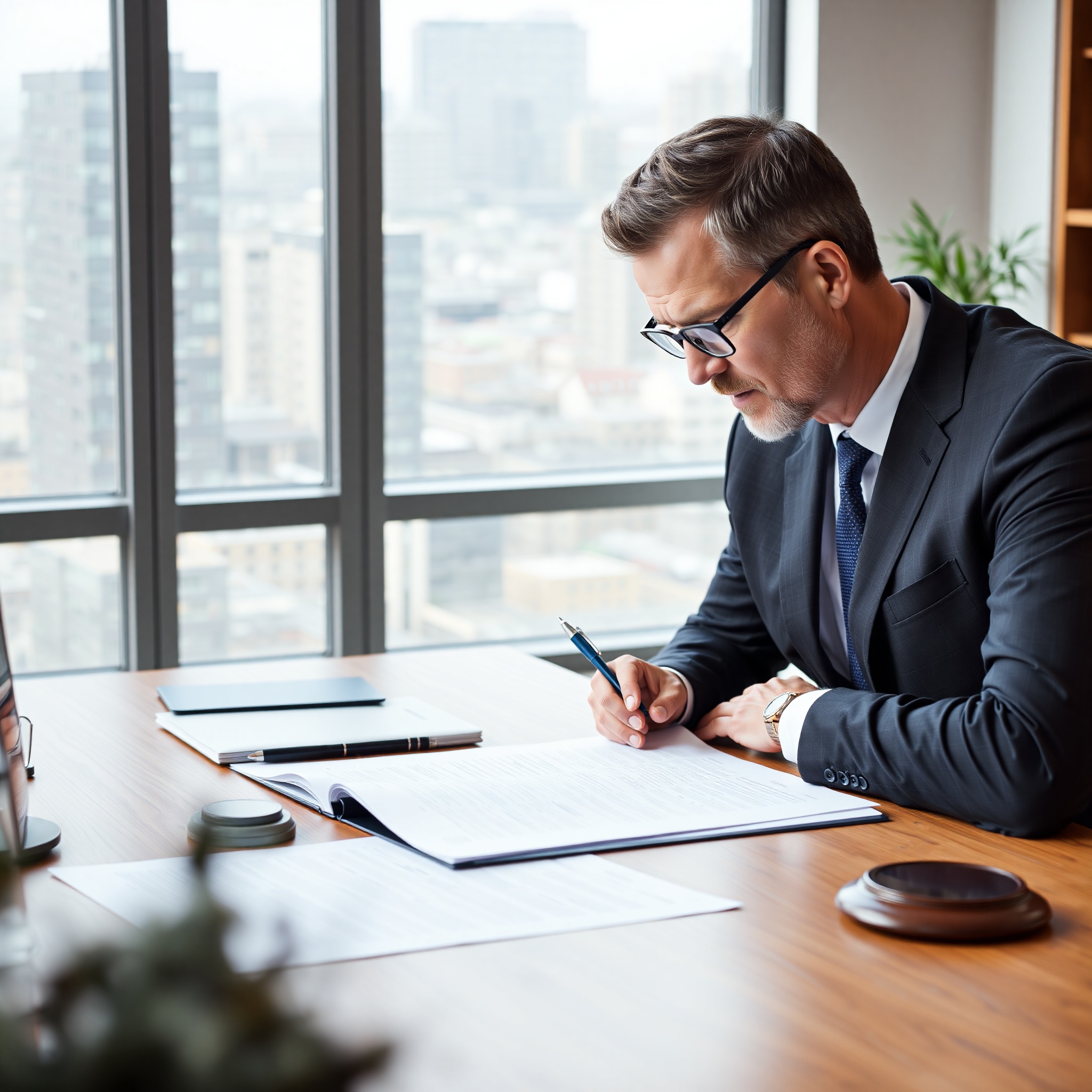 Professional business lawyer reviewing corporate documents at desk with pen and glasses in modern office setting