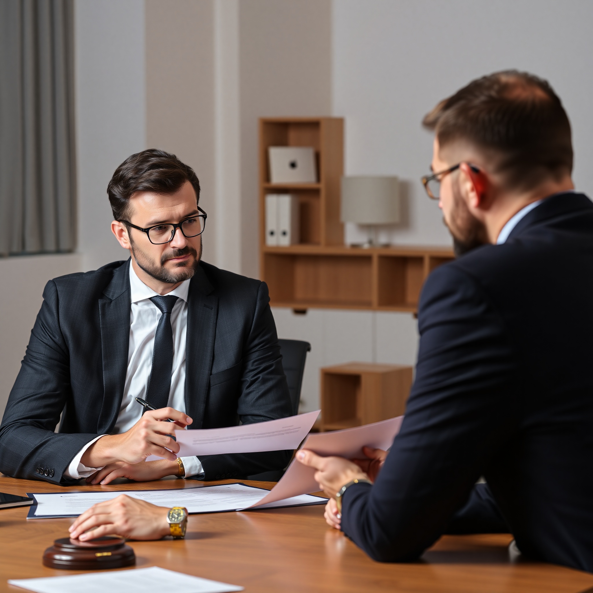 Business lawyer specialist explaining contract terms and legal protection to entrepreneur client