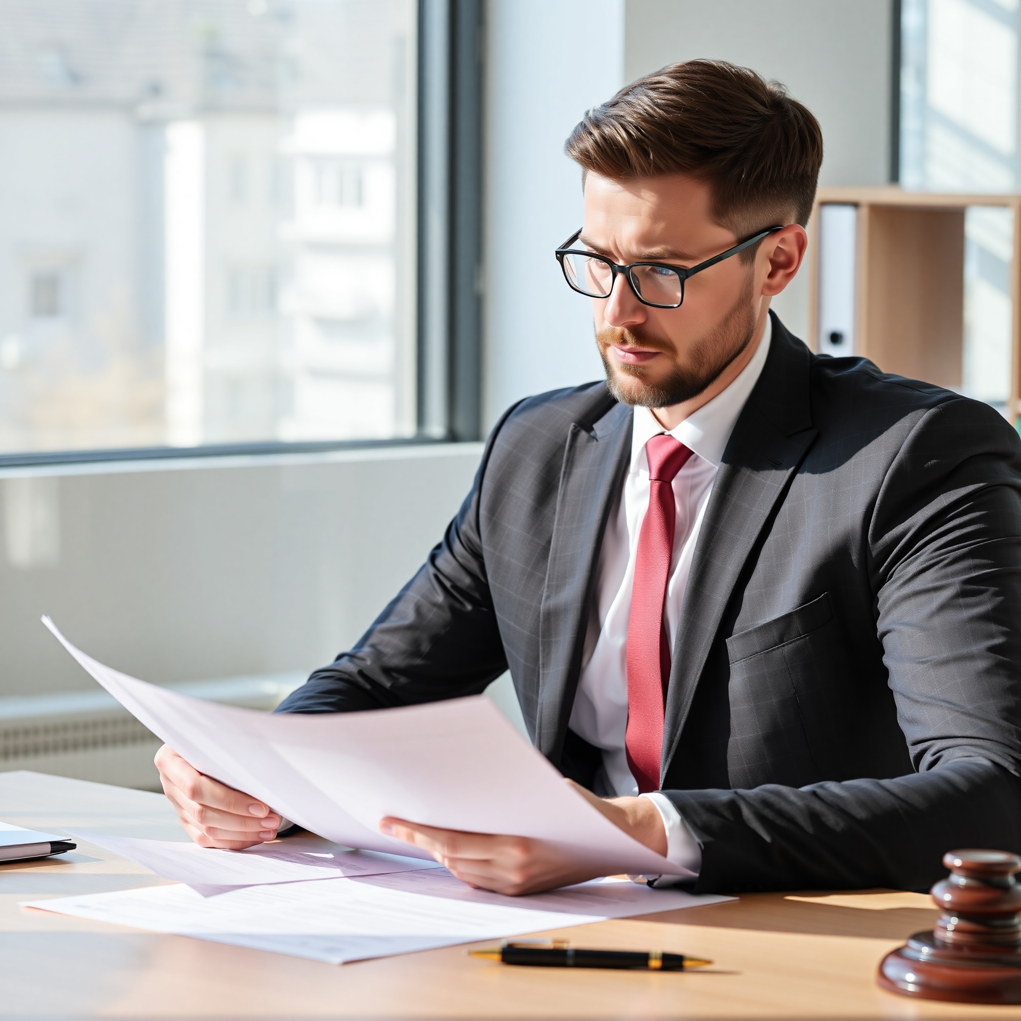 Professional business lawyer reviewing corporate documents at desk with pen and glasses