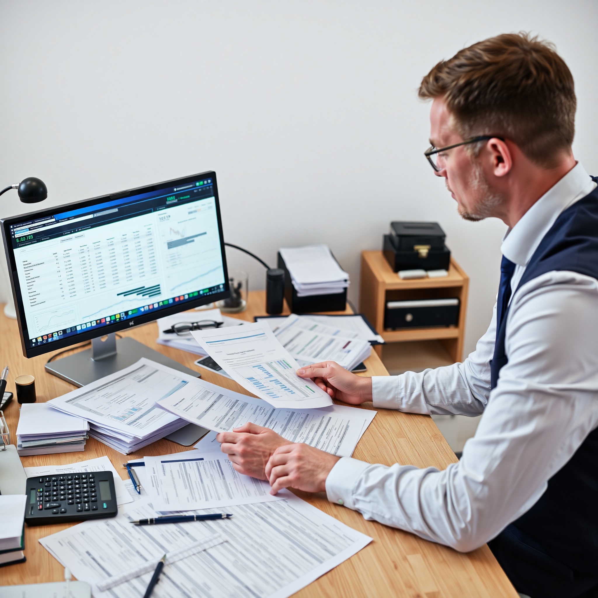 Tax professional analyzing financial documents and compliance requirements